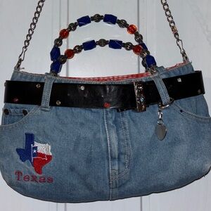 ABJ JEANS Belted Denim Purse w/Texas Embroidery, Shoulder Chain & Beaded Handles